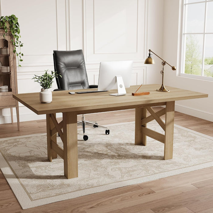 71" Long Dining Table for 6-8, Farmhouse Wooden Barn Kitchen Table for 6, Triangular Legs, Large Dining Room Table W/Thickened Tabletop, Sturdy Frame, for Dinner, Kitchen, Office, Natural