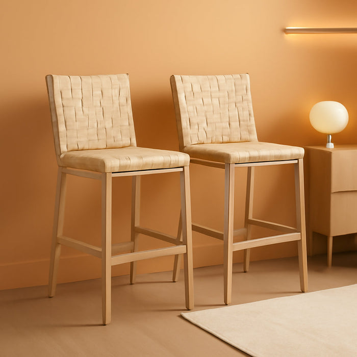 Outdoor Bar Stools Set of 2, Leather Bar Height Chairs, Taupe