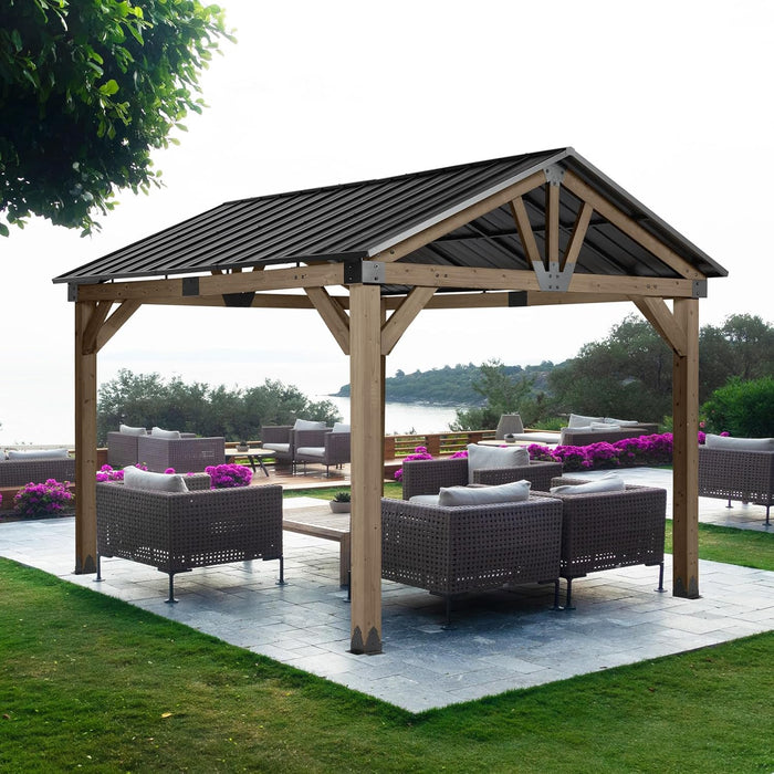 10 X 12 Ft. Wood Gazebo,Outdoor Upgrade Cedar Wooden Frame Gazebo with Single Galvanized Steel Roof, for Patio Backyard Deck and Lawns - Light Grey