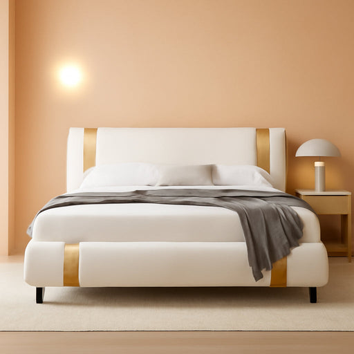 Modern Faux Leather Upholstered Platform Bed Frame with Golden Iron Metal Decor, Adjustable Curved Headboard, Wooden Slats Support, No Box Spring Needed, Queen Size, White