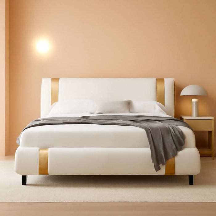 Modern Faux Leather Upholstered Platform Bed Frame with Golden Iron Metal Decor, Adjustable Curved Headboard, Wooden Slats Support, No Box Spring Needed, Queen Size, White