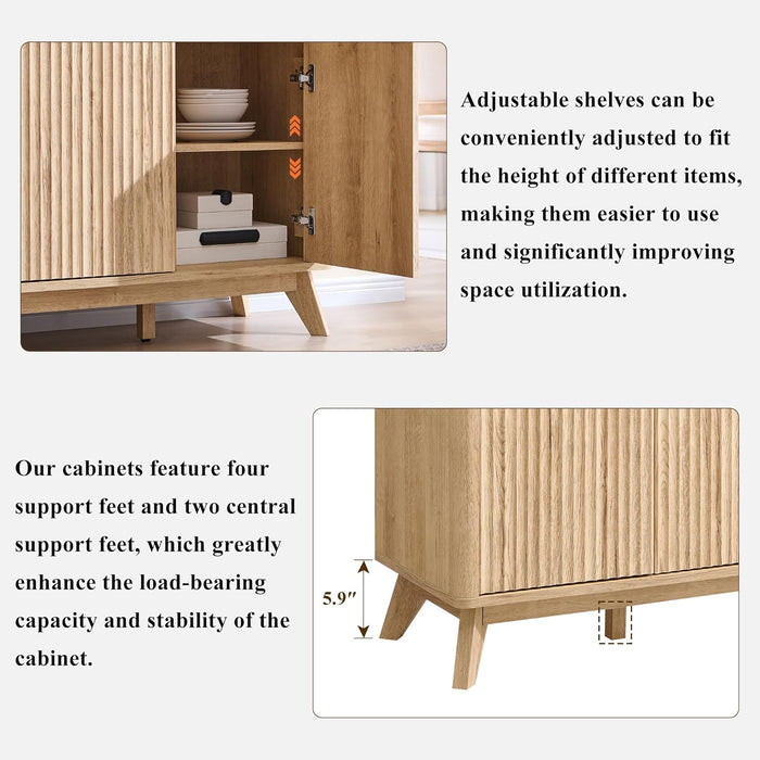 60 Inch Fluted Buffet Sideboard Cabinet, Natural Oak | Modern Coffee Bar Storage Cabinet with 3 Drawers, for Dining Room, Living Room, Hallway, Oak Wood Grain, Adjustable Shelves