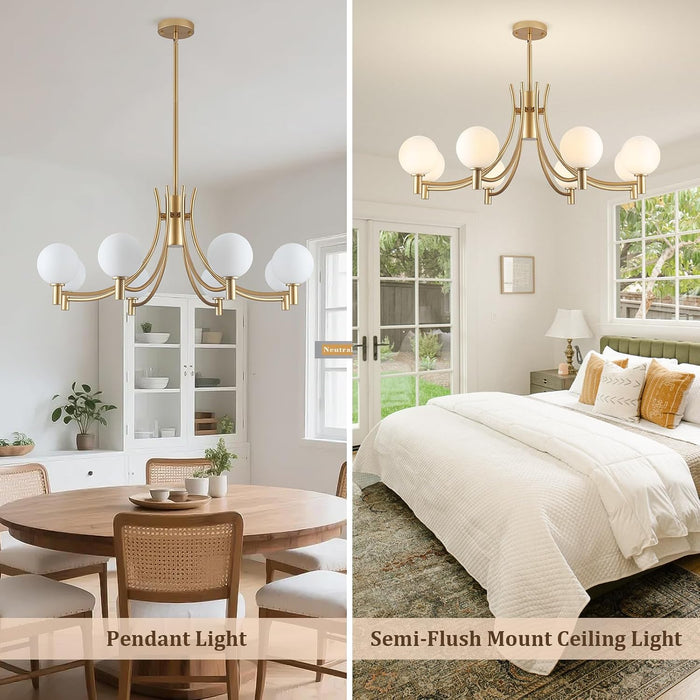 33.5" Large Milk White Glass 8-Light Gold Modern Sputnik Chandelier