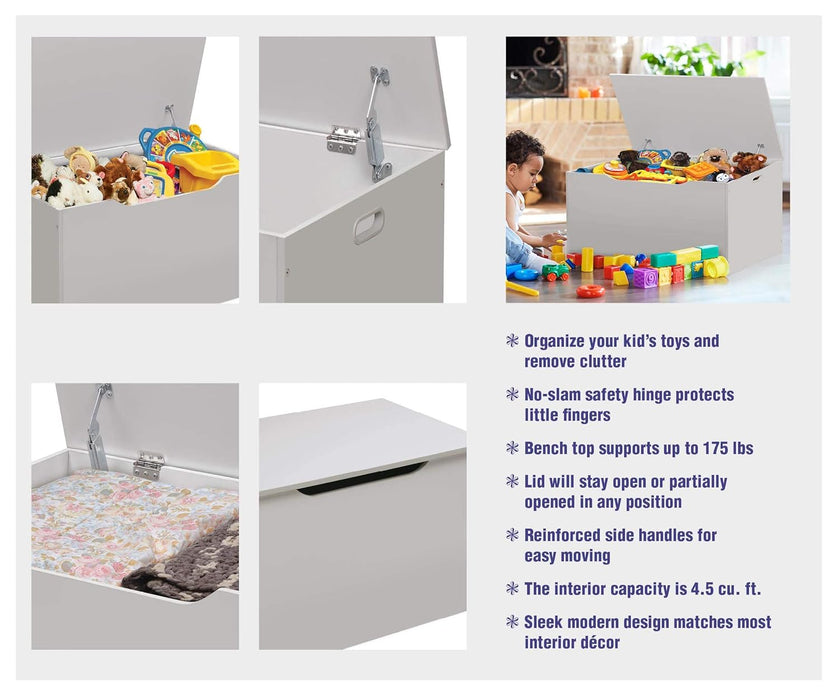 Kids Toy Box Bench - Wooden Chest with Flip-Top Lid, Safety Hinges & 4.5 Cubic Feet Storage Capacity - Stylish Storage Organizer for Toys, Books & Nursery Essentials - White