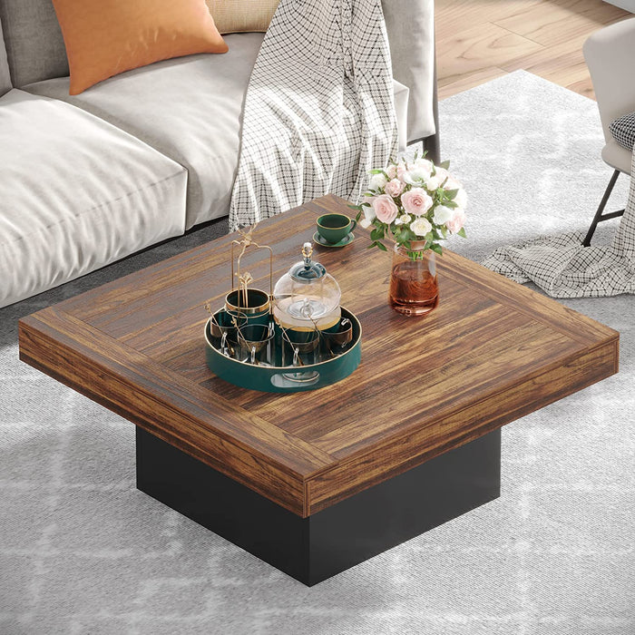 Coffee Table Square LED Coffee Table Engineered Wood Low Center Cocktail Tables for Living Room (Rustic Brown+Black)