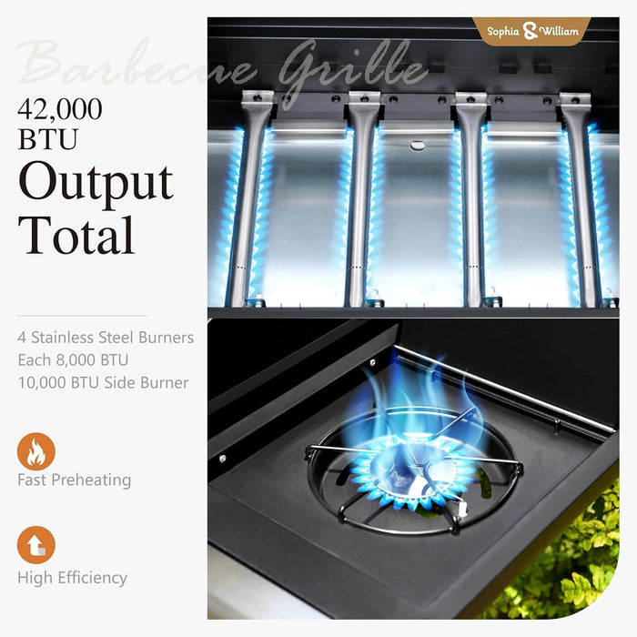 4-Burner Gas BBQ Grill with Side Burner and Porcelain-Enameled Cast Iron Grates, 42,000BTU Propane Grills Outdoor Cooking Barbecue Cabinet Style, Blue