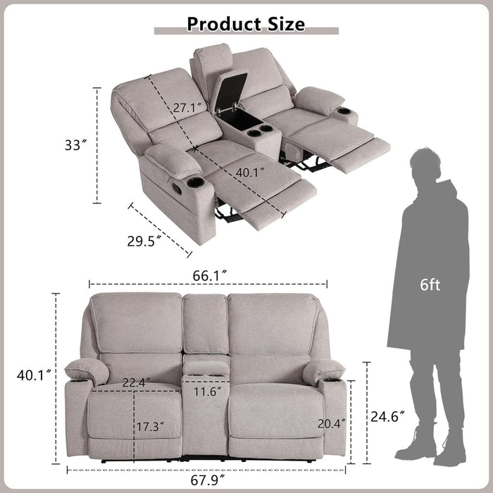 Loveseat Recliner, RV Reclining Loveseat, Home Theater Seating, Manual Loveseat with Console, 4 Cup Holders, 2-Seater Recliner Sofa, RV Furniture (Light Grey, Loveseat with Console)