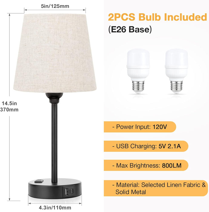 Black Nightstand Lamps Multifunction USB C Dimmable