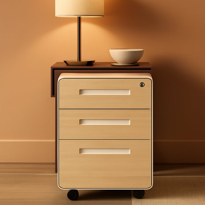 Stockpile 3 Drawer File Cabinet with Lock - under Office Desk Metal Filing Cabinet, Legal/Letter File Folders, Wheels and Stationary Feet, Pre-Assembled, White/Wood