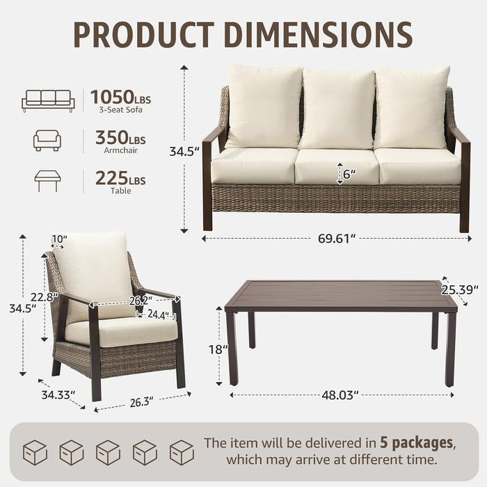 4 Piece Outdoor Patio Furniture Set, All Weather Wicker Conversation Set with 6" Thick Cushions, High Back Deep Seating Sofa & Armchairs, Outdoor Couch Set with Coffee Table for Backyard, Balcony