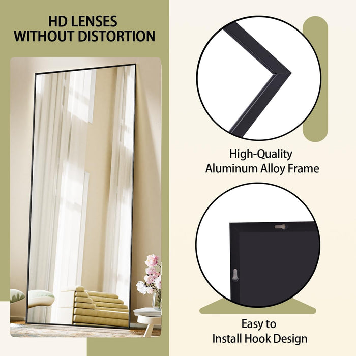 Full Length Mirror, 71"X26" Standing Hanging or Leaning against Wall Floor Mirrors Body Dressing Wall-Mounted for Living Room, Bedroom with Aluminum Alloy Thin Frame, Black