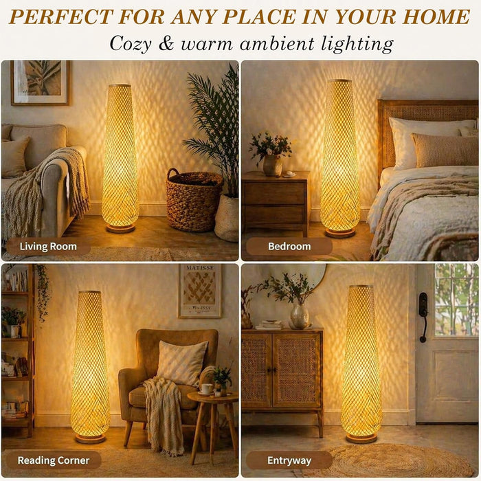 -Farmhouse Style Bamboo Floor Lamp,Large Wicker Indoor Floor Light,Boho Standing Light Plug In,Modern Minimalist Standing Lamp for Living Room Bedroom