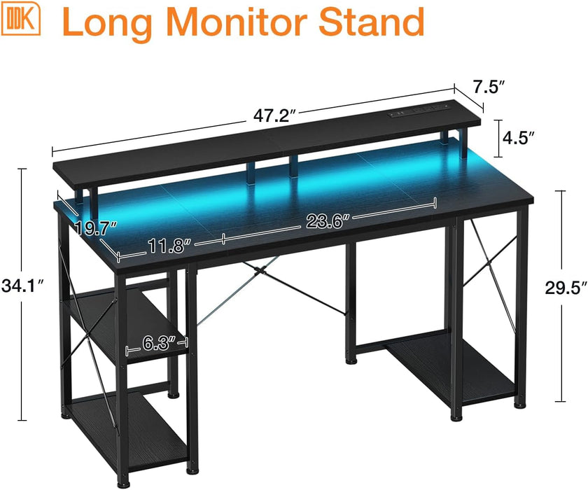 48 Inch Gaming Desk with LED Lights & Power Outlets, Computer Desk with Monitor Stand & Storage Sheves, CPU Stand, Home Office Desk, Black