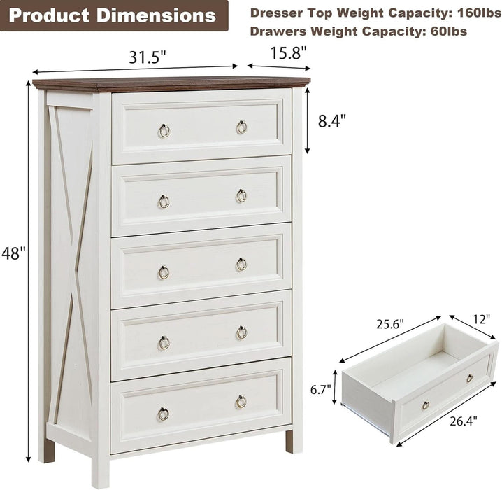 48" H Tall Dresser for Bedroom, Farmhouse 5 Drawer Dressers, Wood Chest of Drawers with 1.2" Thickened Top, Antique White