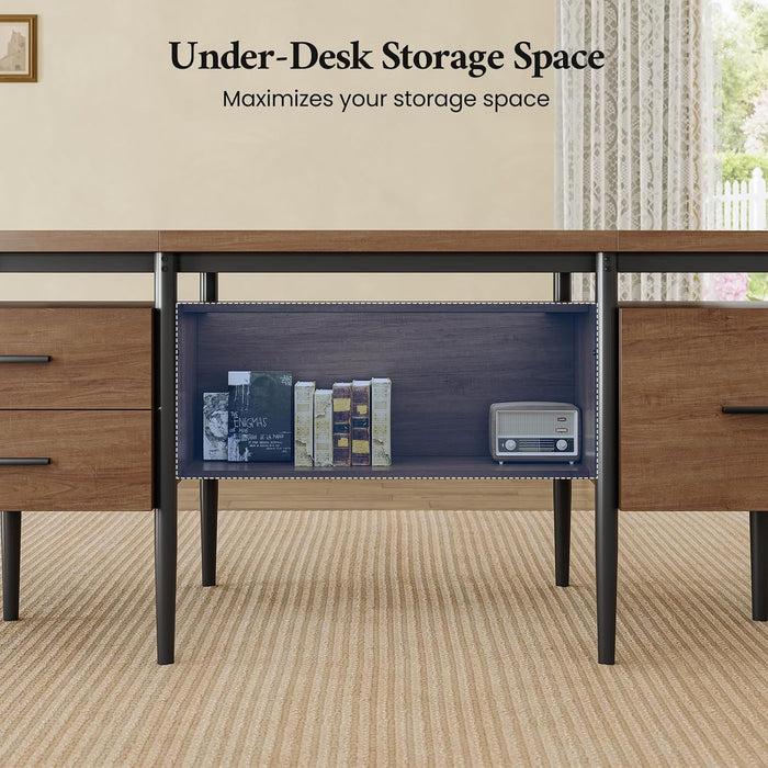 70.9" W X 27.6" D Office Desk with 3 Drawers, Modern Computer Desk with Storage, Home Office Desks with File Drawer, Privacy Panel, Large Executive Desk, Brown