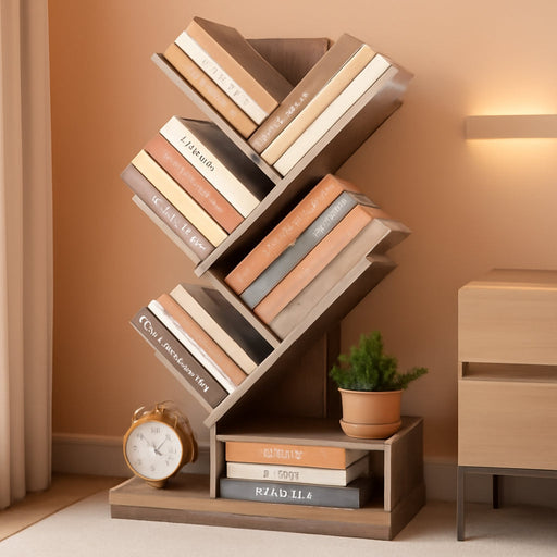 6 Tier Tree Bookshelf, Tall Bookcase with Drawer, Freestanding Book Shelf, Display Floor Standing Storage Shelf, Book Organizer Shelves for Home Office, Living Room, Bedroom, Greige