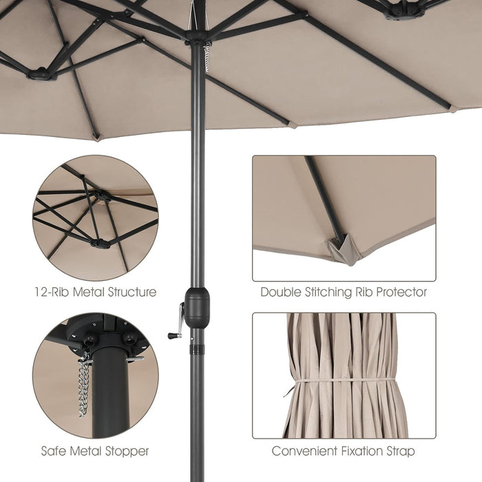 15Ft Double-Sided Patio Umbrella, Outdoor Extra Large Umbrella W/Hand-Crank System & Air Vents, Market Twin Umbrella W/ 12-Rib Sturdy Metal Frame for Poolside, Garden Backyard (Beige)