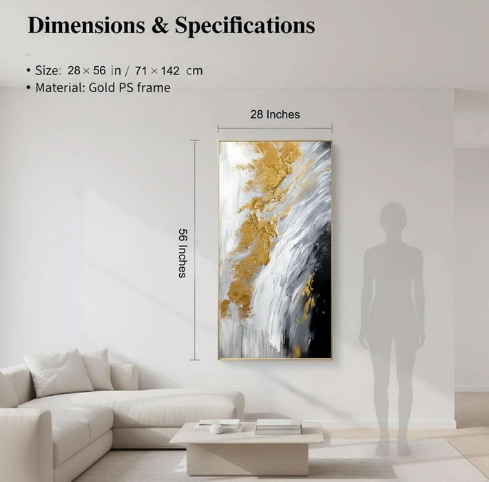 Large Hand-Painted Black and White Abstract Oil Painting on Canvas for Entrance-Hall, Framed Minimalist Wall Art for Living Room, Gold 3D Textured Office Wall Picture for Bedroom Kitchen Home Decoration 28X56Inch