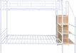 Full over Full Metal Bunk Bed with Storage Ladder and Wardrobe, Modern Iron Bunk Bed Frame with Built-In Shelves and Guardrails for Bedroom, White