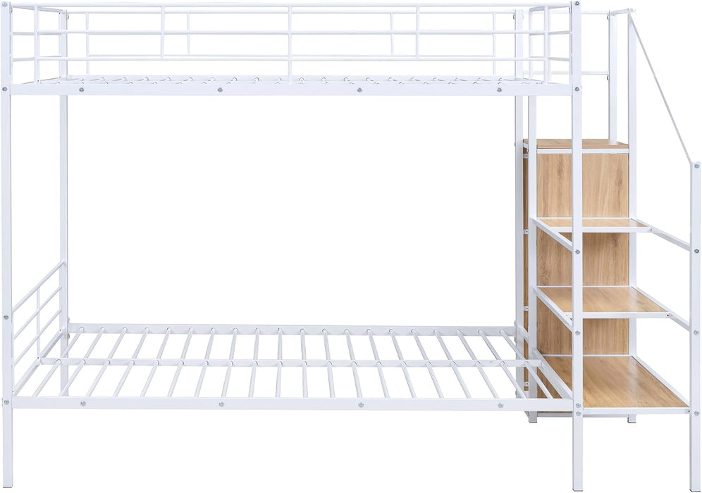 Full over Full Metal Bunk Bed with Storage Ladder and Wardrobe, Modern Iron Bunk Bed Frame with Built-In Shelves and Guardrails for Bedroom, White