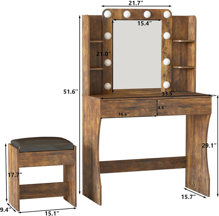 Vanity Desk with Lights,Makeup Vanity with Power Strip,Dressing Table Set with 2 Large Drawers,Vanity Mirror 3 Lighting Color Adjustable,Rustic Brown