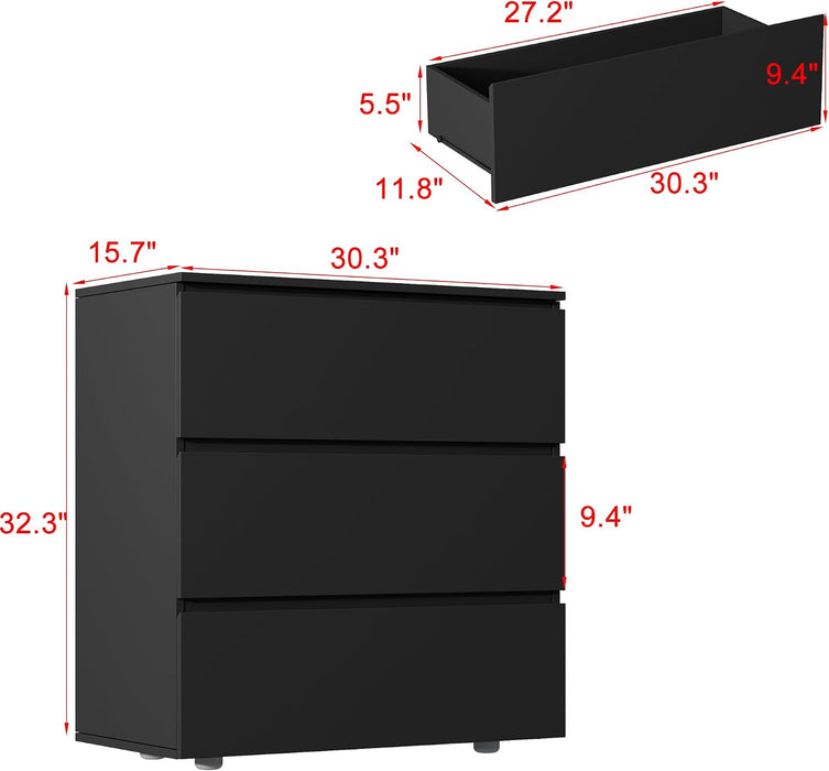 3 Drawer Dresser for Bedroom, Modern Chest of Drawers, Wooden Closet Storage Dresser Tower for Living Room, Black