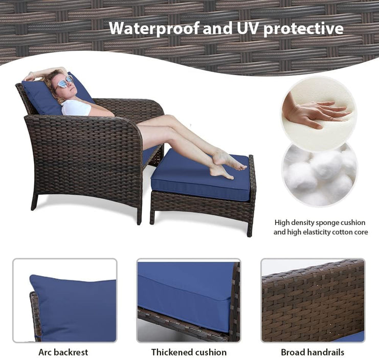 Balcony Furniture 5 Piece Patio Conversation Set, PE Wicker Rattan Outdoor Lounge Chairs with Soft Cushions 2 Ottoman&Glass Table for Porch, Lawn-Brown Wicker