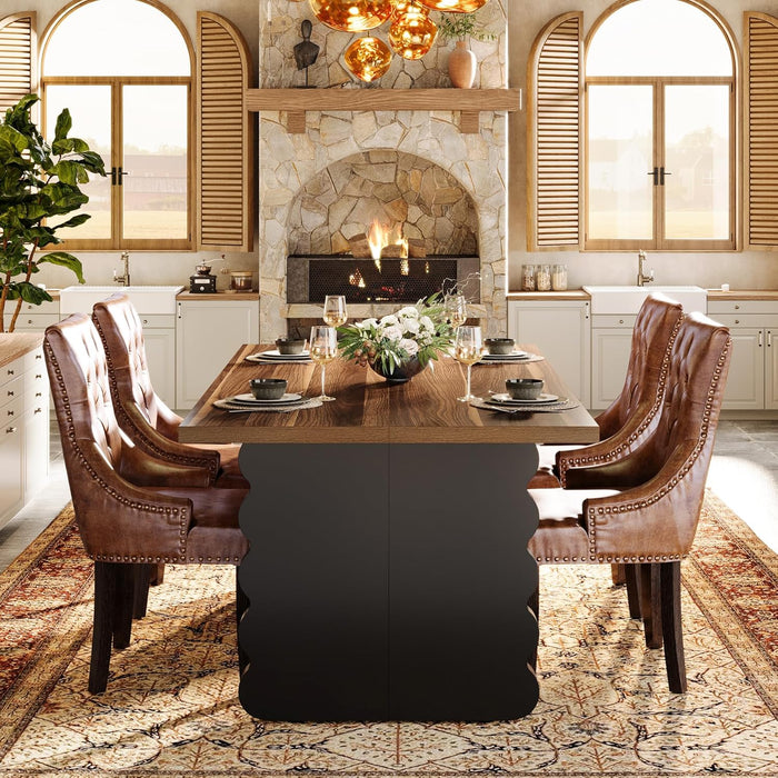 63-Inch Wooden Dining Table for 4-6 People, Modern Large Rectangular Kitchen Table with Thick Black Wave-Shaped Legs for Dining Room, Restaurant