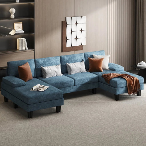 Modern U-Shape Sectional Sofa, Chenille Fabric Modular Couch, 4 Seat Oversized Sofa with Chaise for Living Room, Blue