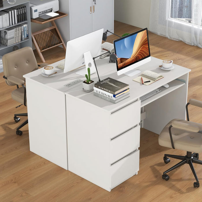 White Desk with 3 Storage Drawers & Built-In Charging Station, Home Office Desk with Keyboard Tray, PC Desk Study Writing Table, Vanity Table for Bedroom, Computer Workstation (White)