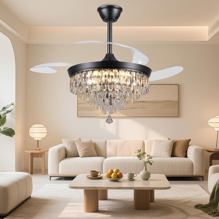48" Chandelier Ceiling Fan with Lights, Crystal Retractable Fandelier with 3 Color LED Dimmable, Reversible DC Motor, Modern for Bedroom, Living Room (Black