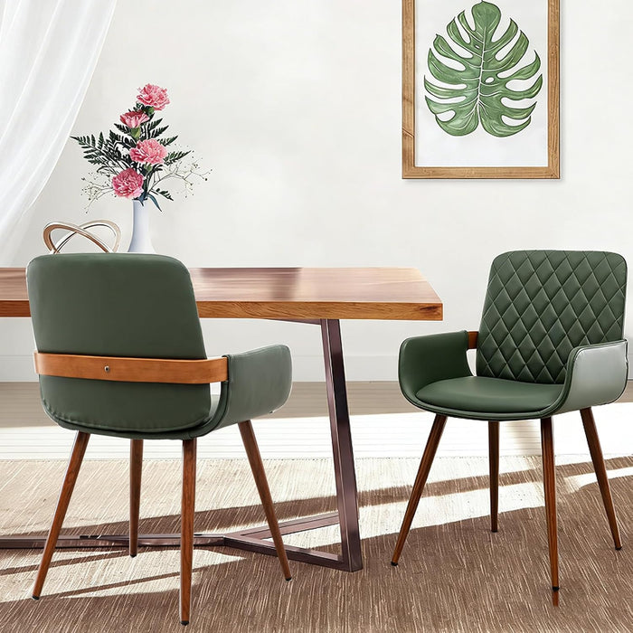 Mid Century Modern Faux Leather Dining Chairs Set of 2, Green, Upholstered Seat, Metal Legs, Adjustable Foot for Kitchen Dining Room Desk Chairs