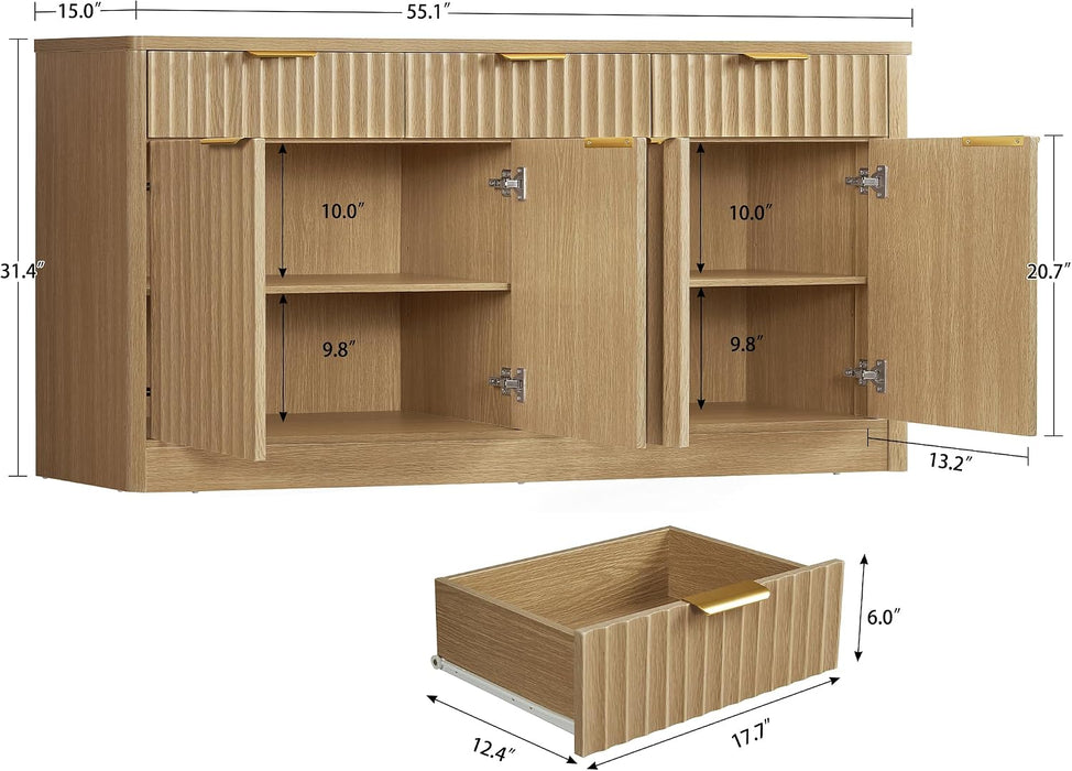 Large Buffet Cabinet with Storage & Drawers, Sideboard Cabinet with 2 Adjustable Shelves & 4 Doors, Coffee Bar Station, Kitchen Storage Cabinets, Natural