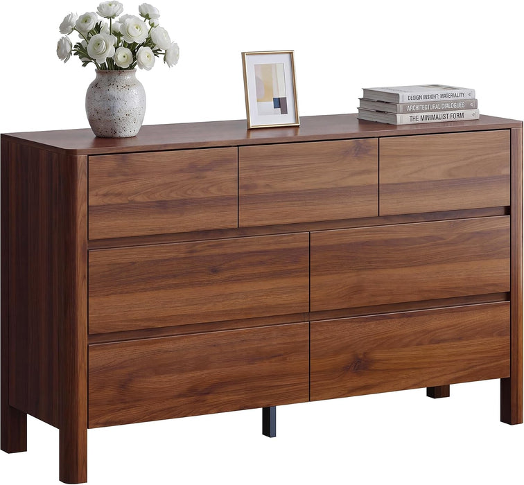 Walnut Dresser for Bedroom, 51" Mid-Century 7 Drawer Dresser with Wide Drawers and Wood Legs, Curved Edge Design, Modern Large Dressers & Chests of Drawers for Bedroom, Hallway.