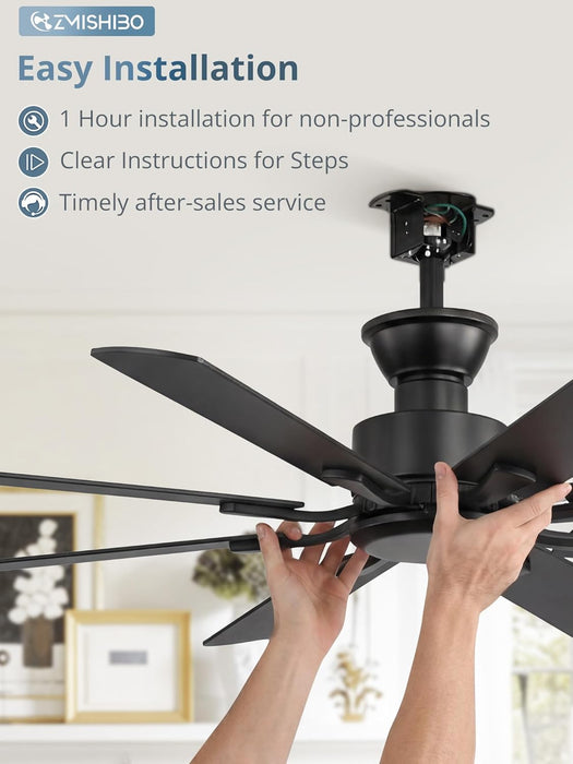52 Inch Ceiling Fan No Light, 8 Blades Black Ceiling Fans without Lights, Quiet Rerverible DC Motor, 6Speeds, for Bedroom, Living Room, Home Office and Patio