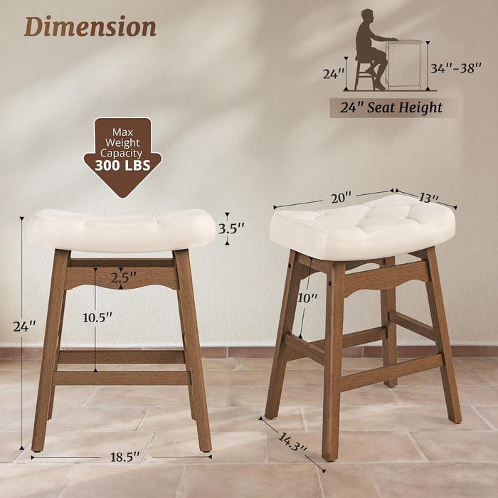 Bar Stools Set of 3, 24" Backless Saddle, Ivory Faux Leather