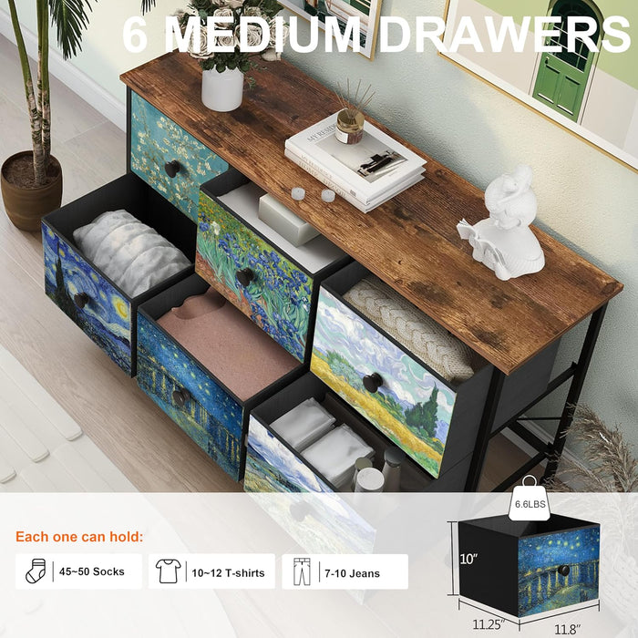 6 Drawer Dresser for Bedroom Van Gogh Chest of Drawers Wide TV Stands Fabric Storage Drawer Unit for Living Room Entryway Closet Sturdy Steel Frame Wood Top
