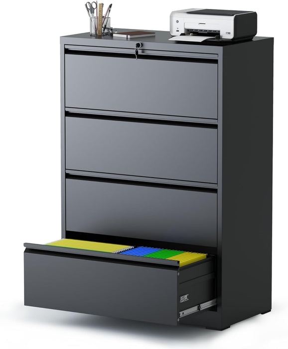 4 Drawer File Cabinets with Lock,Metal Lateral File Cabinets for Home Office,Steel Wide Filing Organization Storage Cabinets for Hanging Files Letter/Legal/F4/A4 Size Assembly Required(Black)
