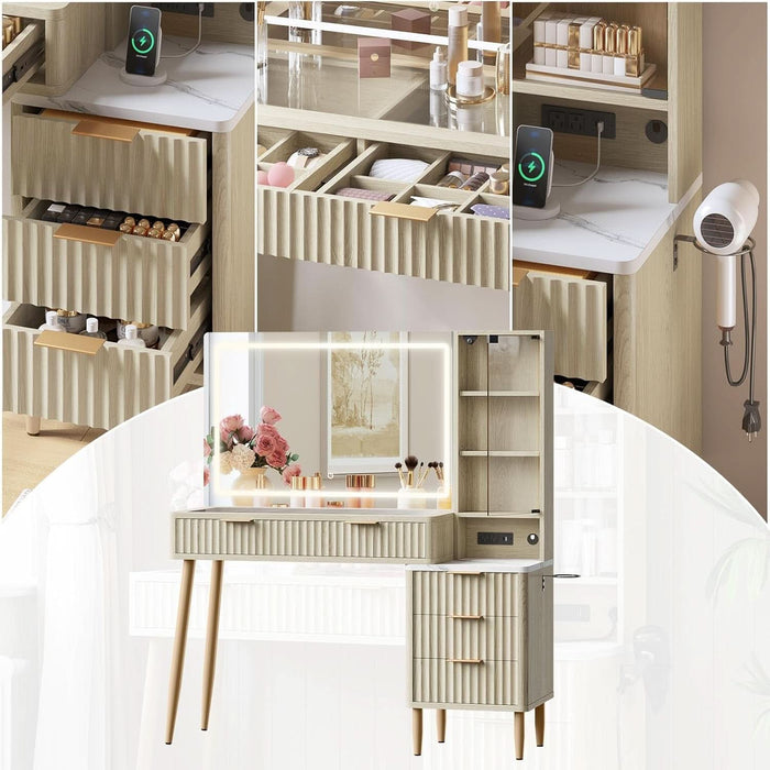 Fluted Makeup Vanity Desk with Mirror and Lights, Modern Glass Top Vanity Table with Charging Station, 5 Drawers & Shelves, 3 Color Modes, Wood Dressing Table for Bedroom, Oak
