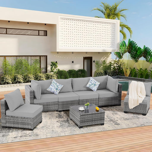 7 Pieces Outdoor Patio Furniture Set, Wicker Sectional Sofa Set Rattan Modular Patio Conversation Sets with Cushions Couch Set & Coffee Table for Outside, Garden, Balcony, Porch, Grey