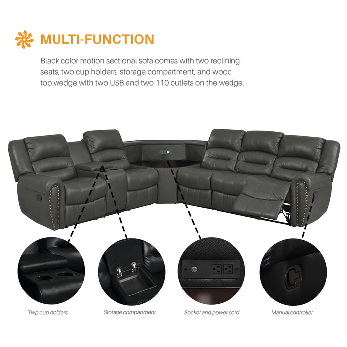 PU Leather Sectional Sofa Set, Reclining Couch for Living Room with Cup Holders, Love Seat with Wedge Wood Table, 5 Seater Theater Seating with Storage, Light Black