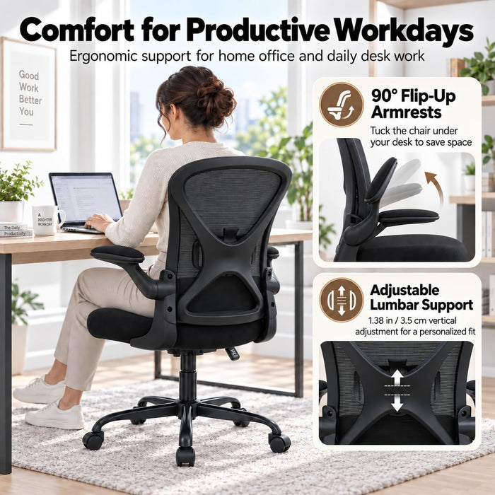 Ergonomic Office Chair with 90° Flip-Up Armrests and Adjustable Lumbar Support, Mid-Back Breathable Mesh Home Office Chair with 3.15” Thick Seat Cushion, 300Lbs Weight Capacity, 1PC, Black