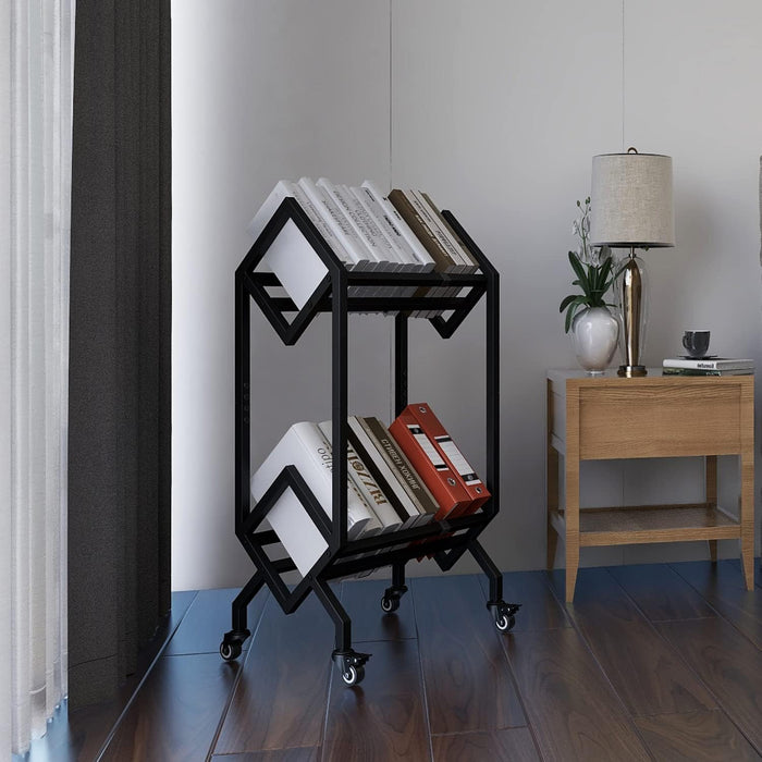 Bookshelf Book Rack Industrial Metal Bookcase 2 Tier Holder with Wheels Modern Stylish Design Magazines Files Album Recipe Book Storage Organizer for Sofa End Bed Beside