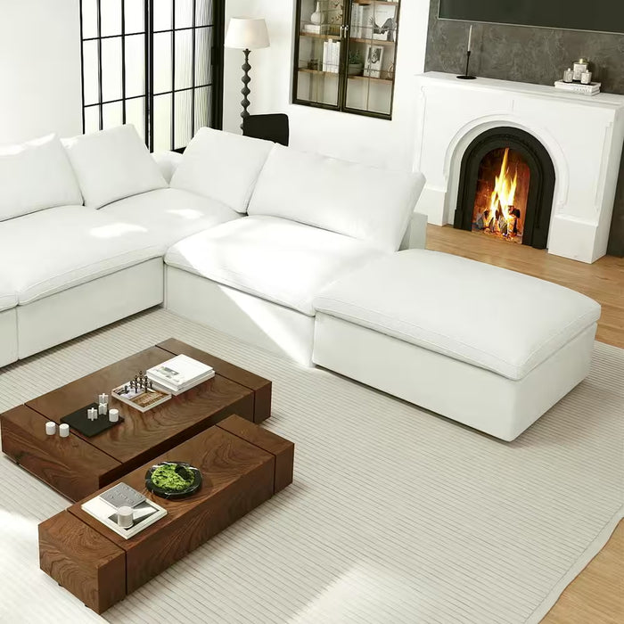 157 In. Square Arm 6-Piece Linen U-Shaped Sectional Sofa Cloud Couch in White with Storage Ottomans