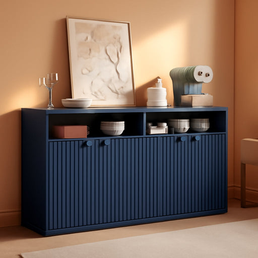 55-Inch Fluted Buffet Cabinet with 4 Doors,Dark Blue | Fluted Wood Credenza with Adjustable Shelves and Open Storage for Dining Rooms, Kitchens, Entryways or Living-Room Media