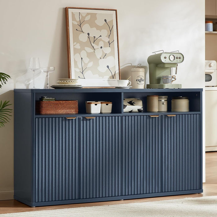 55-Inch Fluted Buffet Cabinet with 4 Doors,Dark Blue | Fluted Wood Credenza with Adjustable Shelves and Open Storage for Dining Rooms, Kitchens, Entryways or Living-Room Media
