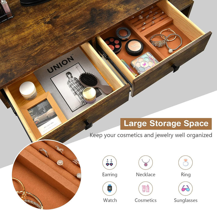 Vanity Desk with Reversible Side Cabinet, Makeup Vanity Table with Lighted Mirror, 3 Color Lights, 4 Drawers, Bedroom Dressing Table with Nightstand and Stool, Rustic Brown