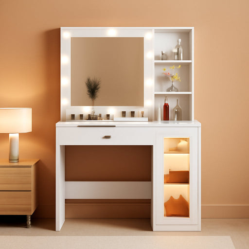 Makeup Vanity with Mirror and Lights, 34''W Dressing Table with Charging Station & RGB Glass Cabinet, Small Vanity Desk with 3 Color Lighting Modes & Adjustable Brightness