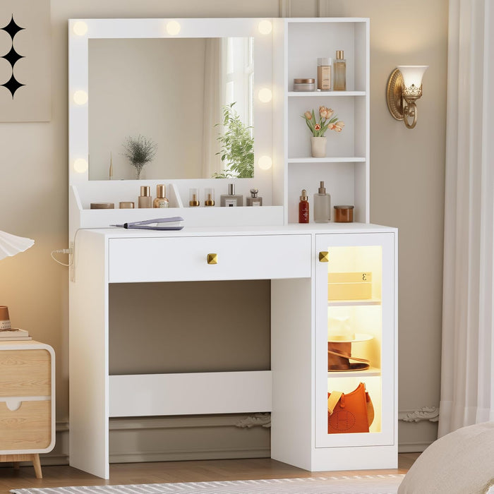Makeup Vanity with Mirror and Lights, 34''W Dressing Table with Charging Station & RGB Glass Cabinet, Small Vanity Desk with 3 Color Lighting Modes & Adjustable Brightness