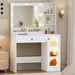 Makeup Vanity with Mirror and Lights, 34''W Dressing Table with Charging Station & RGB Glass Cabinet, Small Vanity Desk with 3 Color Lighting Modes & Adjustable Brightness